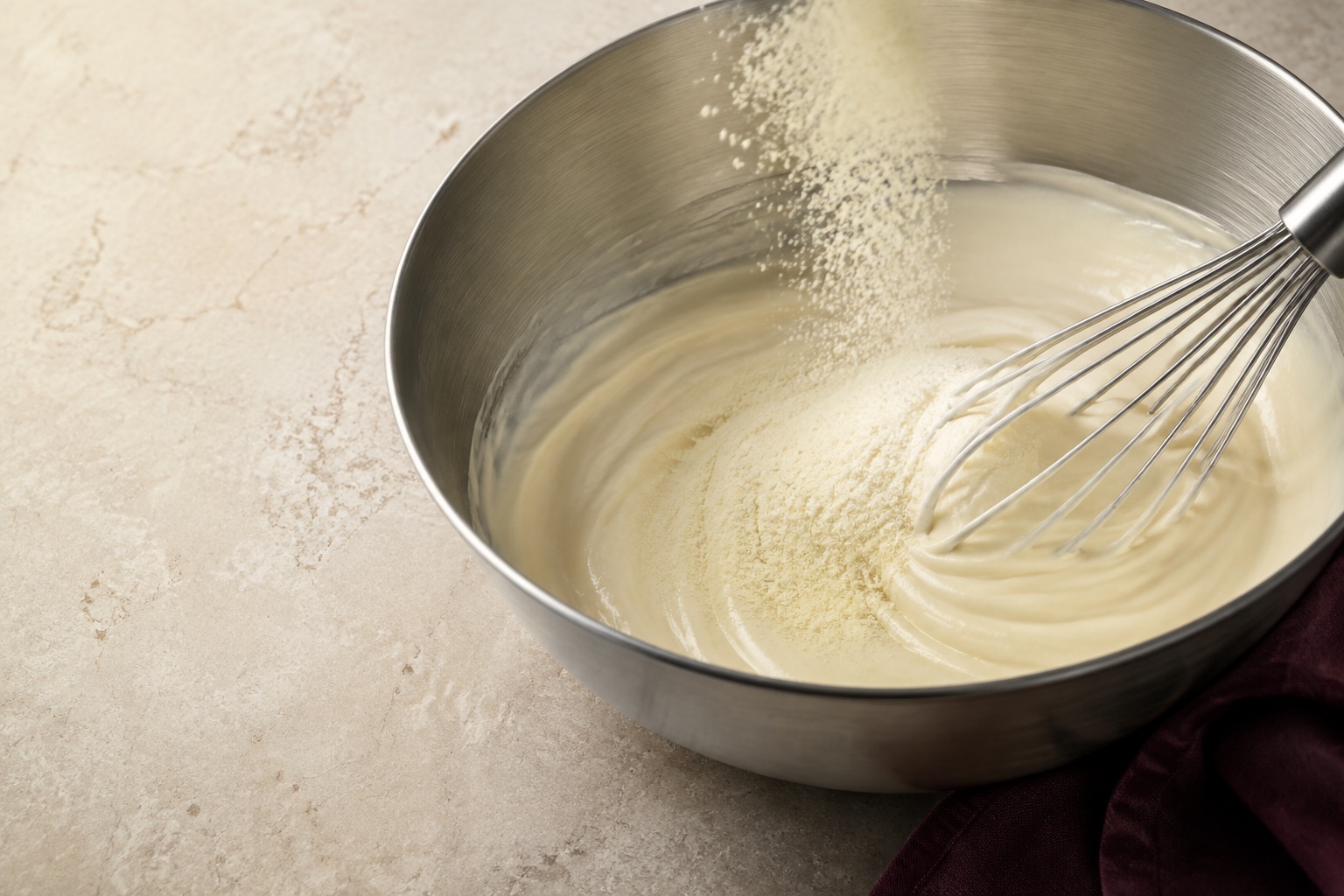 Mezcla profesional de crema en un cuenco de acero